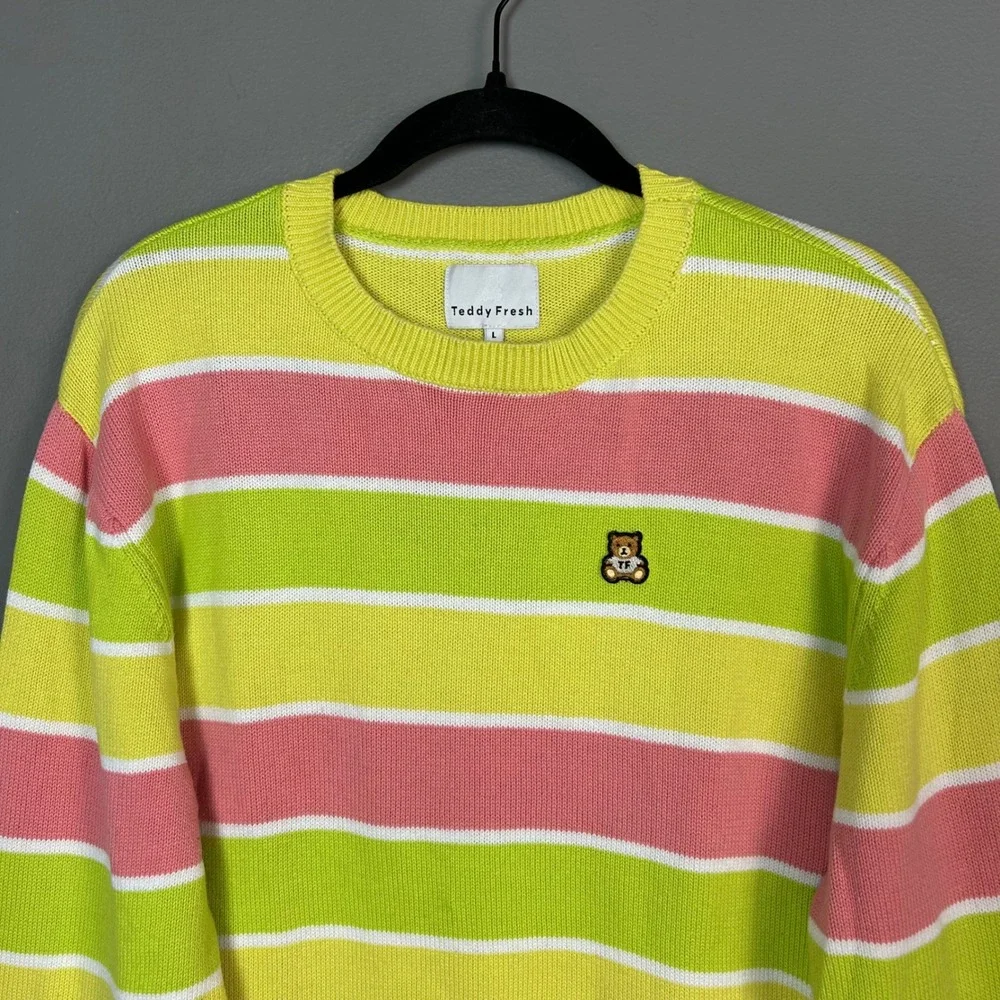 Teddy Fresh Striped Sweater Mens Large Cotton Knit Crewneck Logo Streetwear